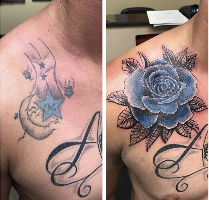 blue rose cover up tattoo